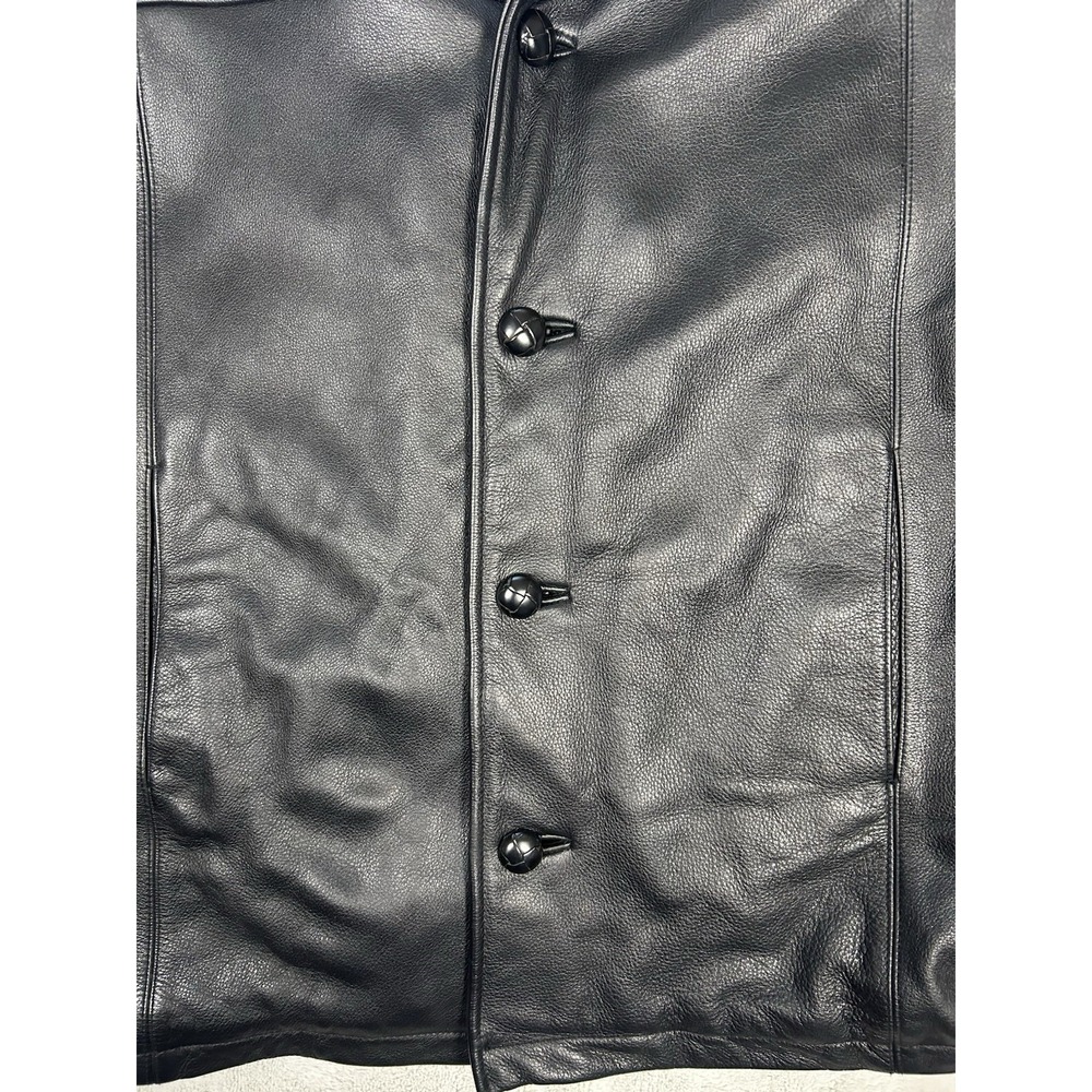 Roundtree And Yorke Black Leather Jacket Men's XL Quilted Inside Moto Buttons - Picture 2 of 4
